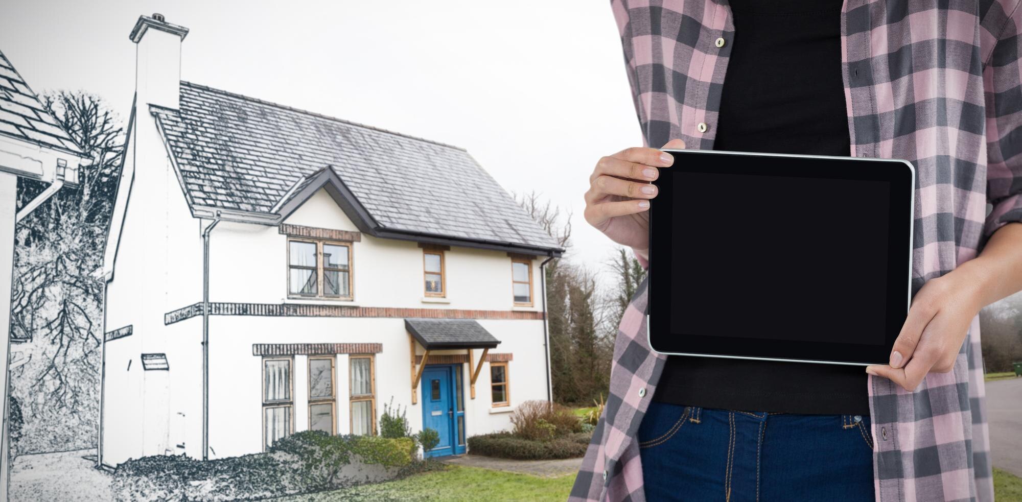 Złożony obraz architektki przedstawiający cyfrowy tablet na białym tle