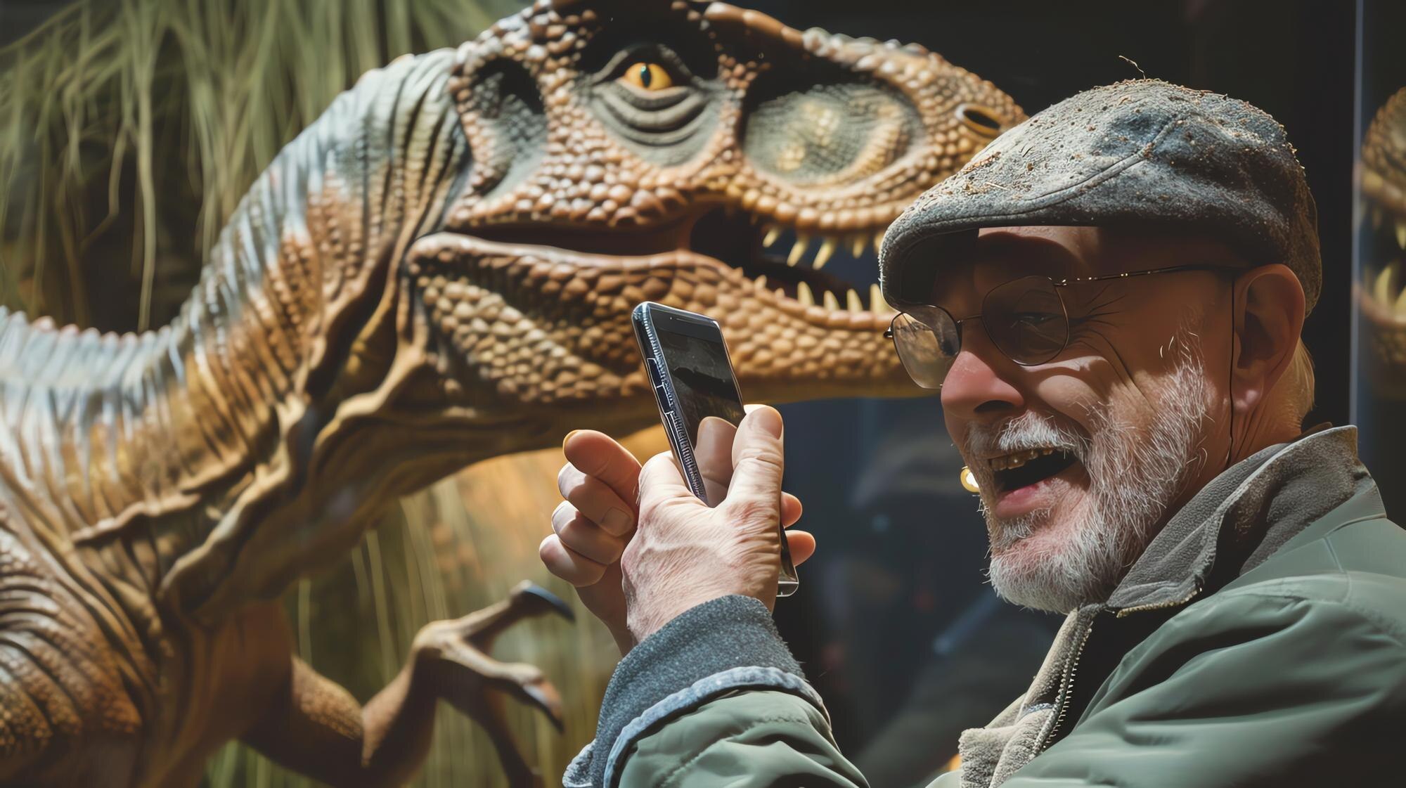 Mężczyzna robi zdjęcie wystawy dinozaurów