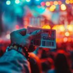 Osoba podnosi z podekscytowaniem bilet na koncert w ręku na rozmytym tle pokazującym
