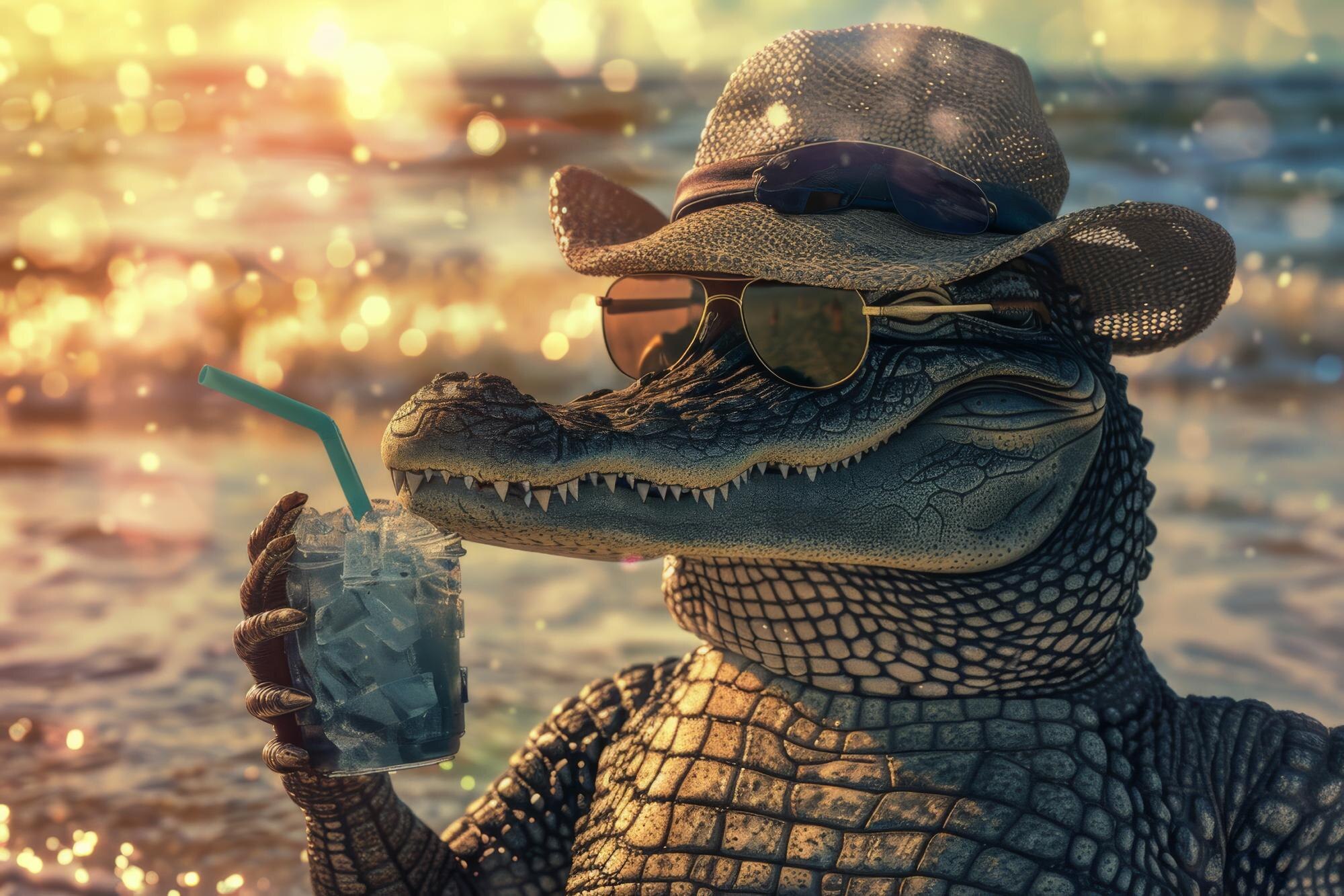 Stylowy aligator w kapeluszu i okularach przeciwsłonecznych pijący zimny napój na plaży o zachodzie słońca
