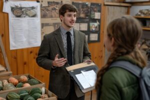 Uczniowie prezentują wystawę na targach w pomieszczeniach