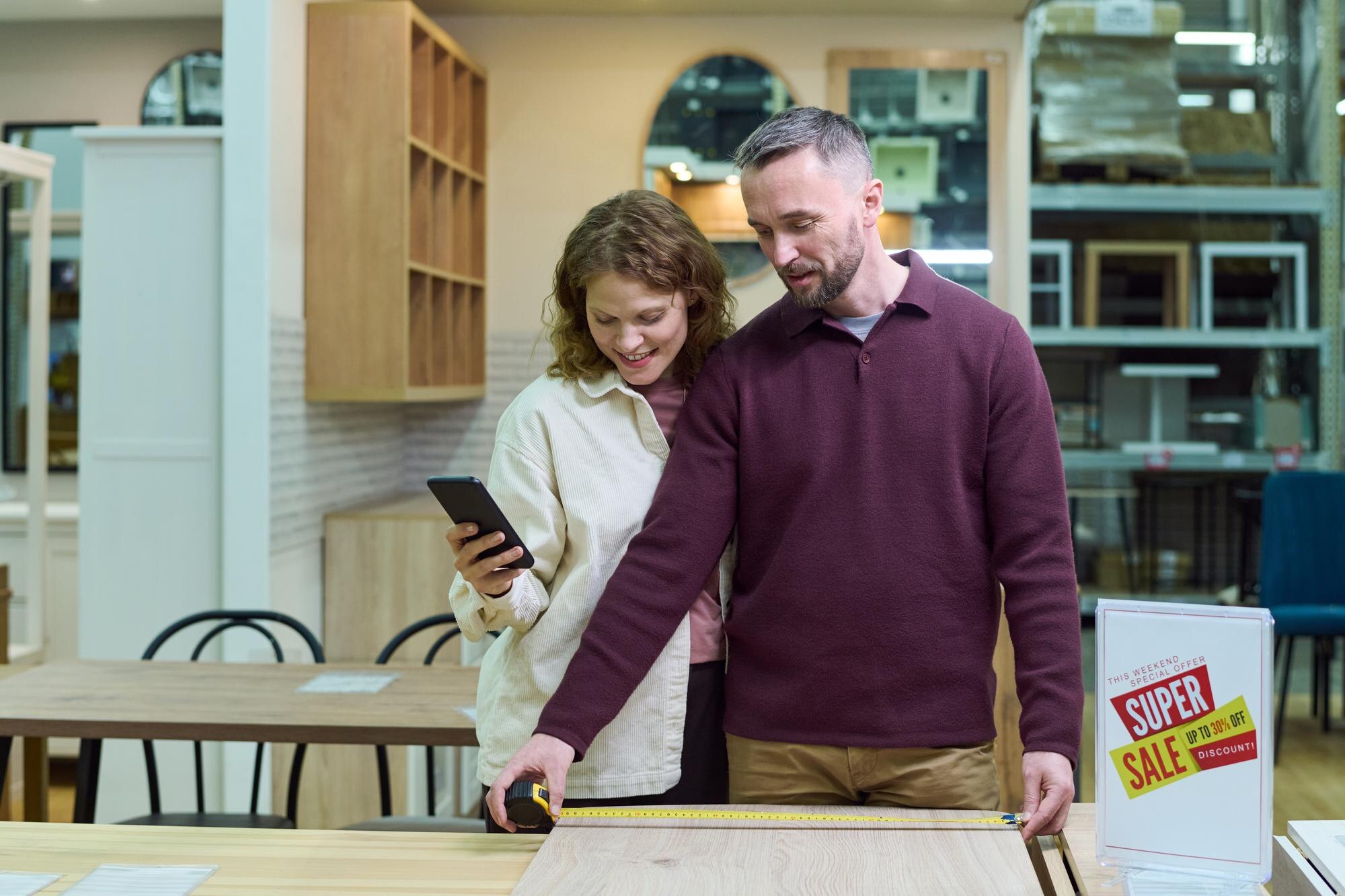 Young adult couple measuring wooden table while shopping in furniture store