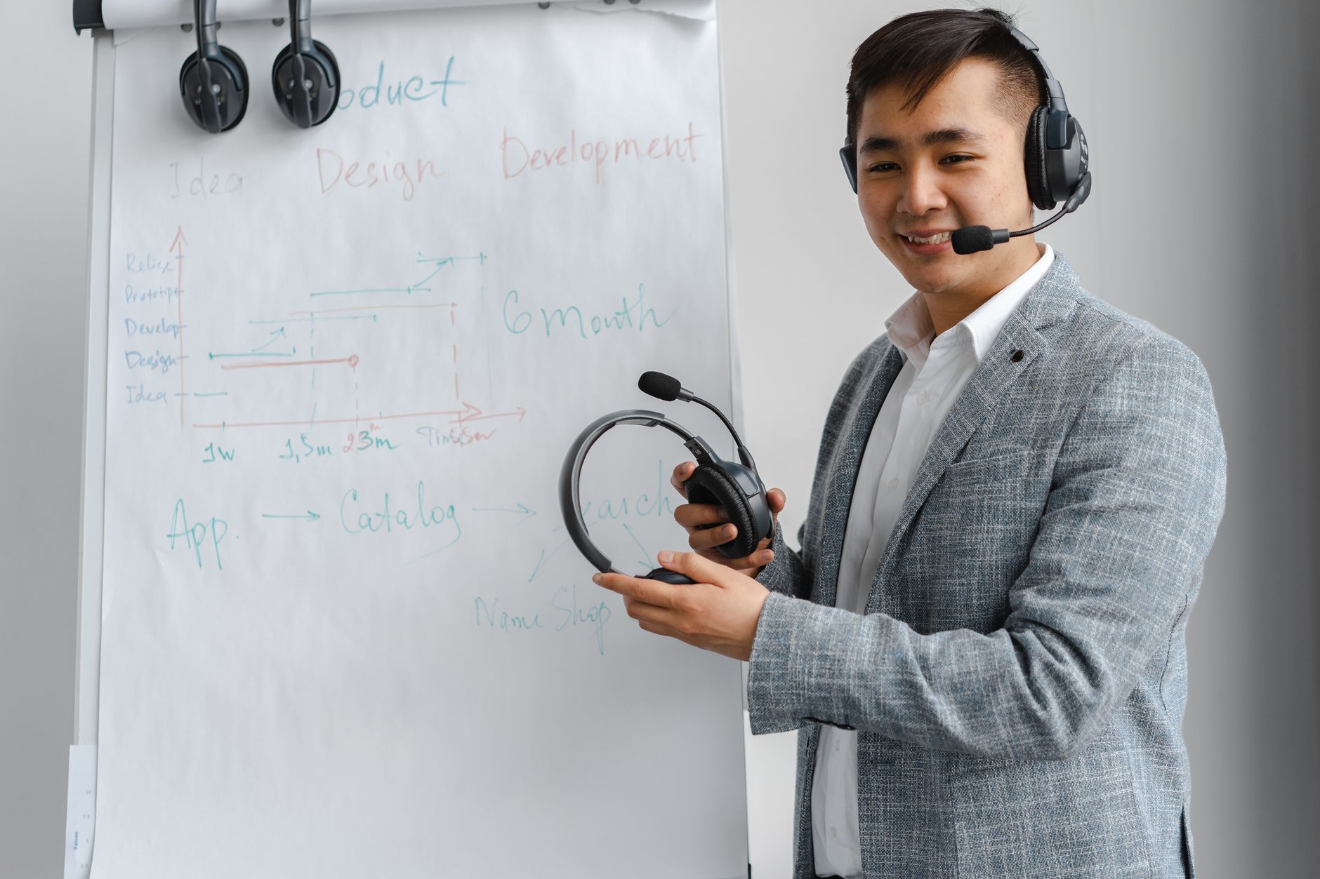 Asian man explaining a concept in a training session with a headset and flip chart.